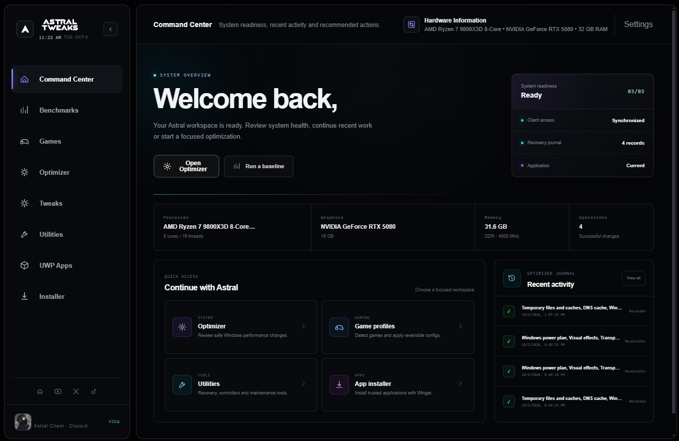 Astral Core Command Center with system overview and recent activity