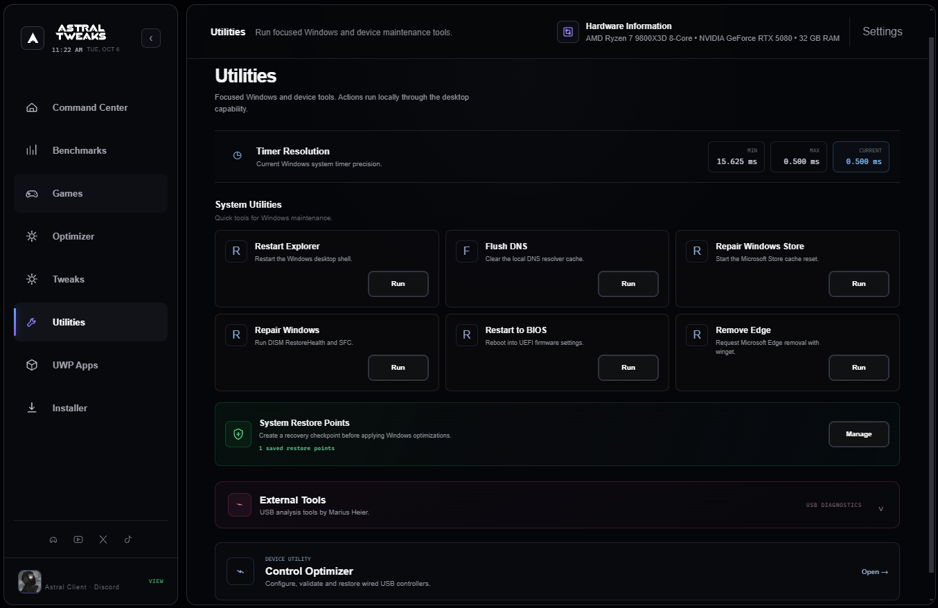 Astral Core Windows utilities, restore points and controller tools